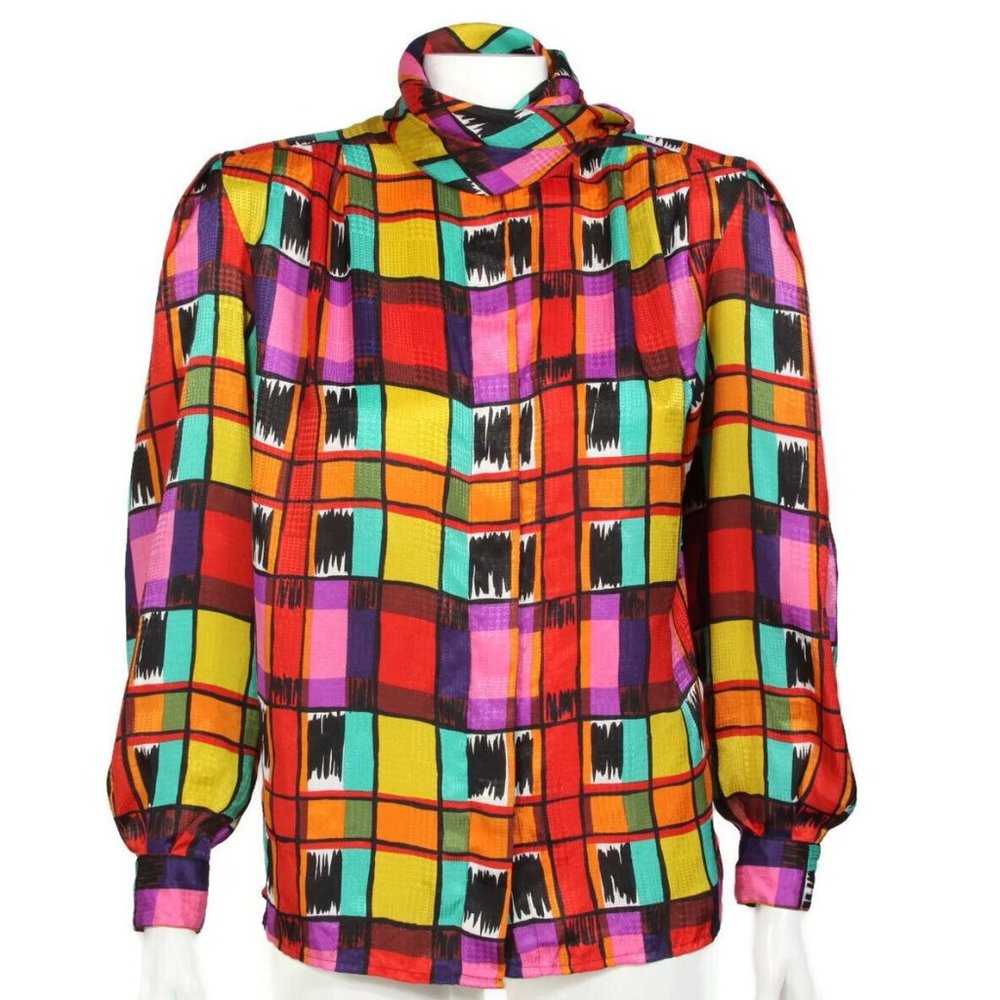 Vtg 80's La Chine Classic by Galinda Wang Plaid Rainbow Silk Blouse Top sz 4 039